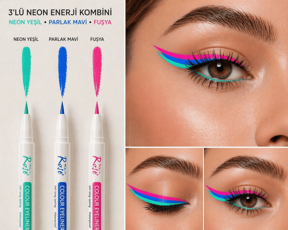 Neon Renkli Eyeliner Seti (Neon Yeşil, Parlak Mavi, Fuşya) – Suya Dayanıklı Uzun Süre Kalıcı Likit Eyeliner