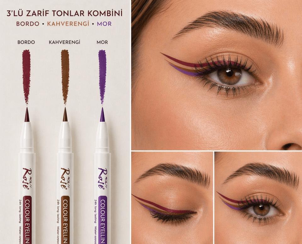 Renkli Eyeliner Seti (Bordo, Kahverengi, Mor) – Suya Dayanıklı Uzun Süre Kalıcı Likit Eyeliner