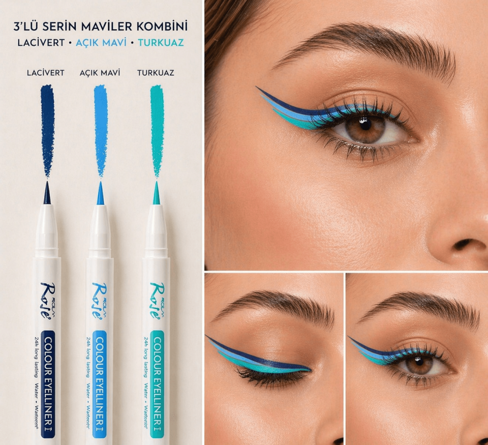 Renkli Eyeliner Seti (Lacivert, Açık Mavi, Turkuaz) – Suya Dayanıklı Uzun Süre Kalıcı Likit Eyeliner