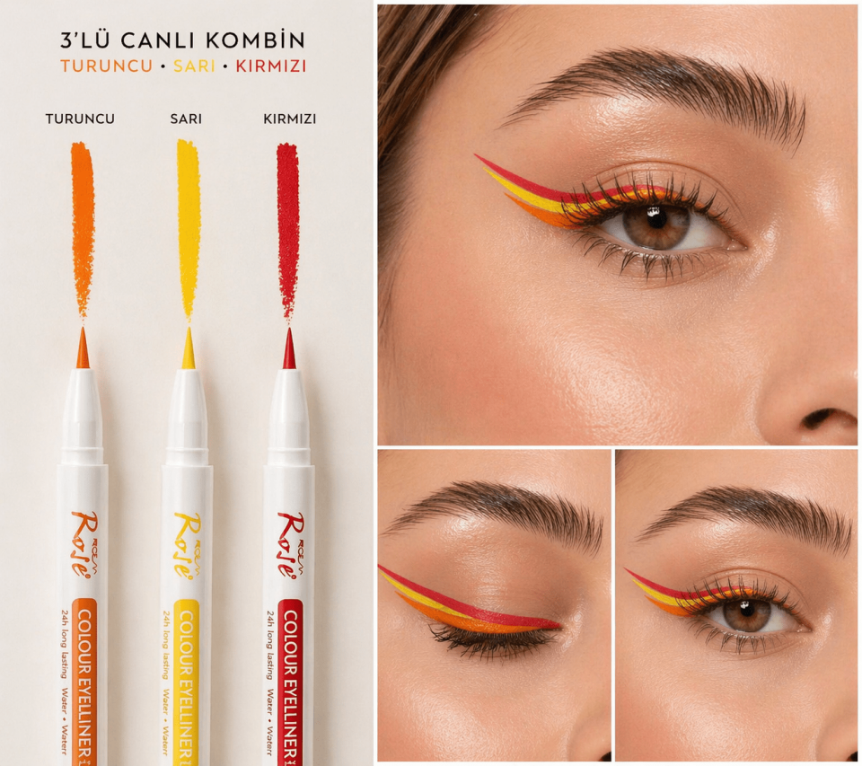 Renkli Eyeliner Seti (Turuncu, Sarı, Kırmızı) – Suya Dayanıklı Uzun Süre Kalıcı Likit Eyeliner
