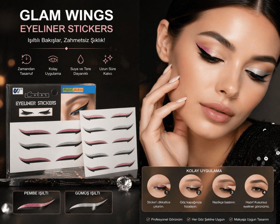 Işıltılı Çift Renk Eyeliner Sticker Seti (Pembe & Gümüş) – Kolay Uygulamalı Hazır Eyeliner