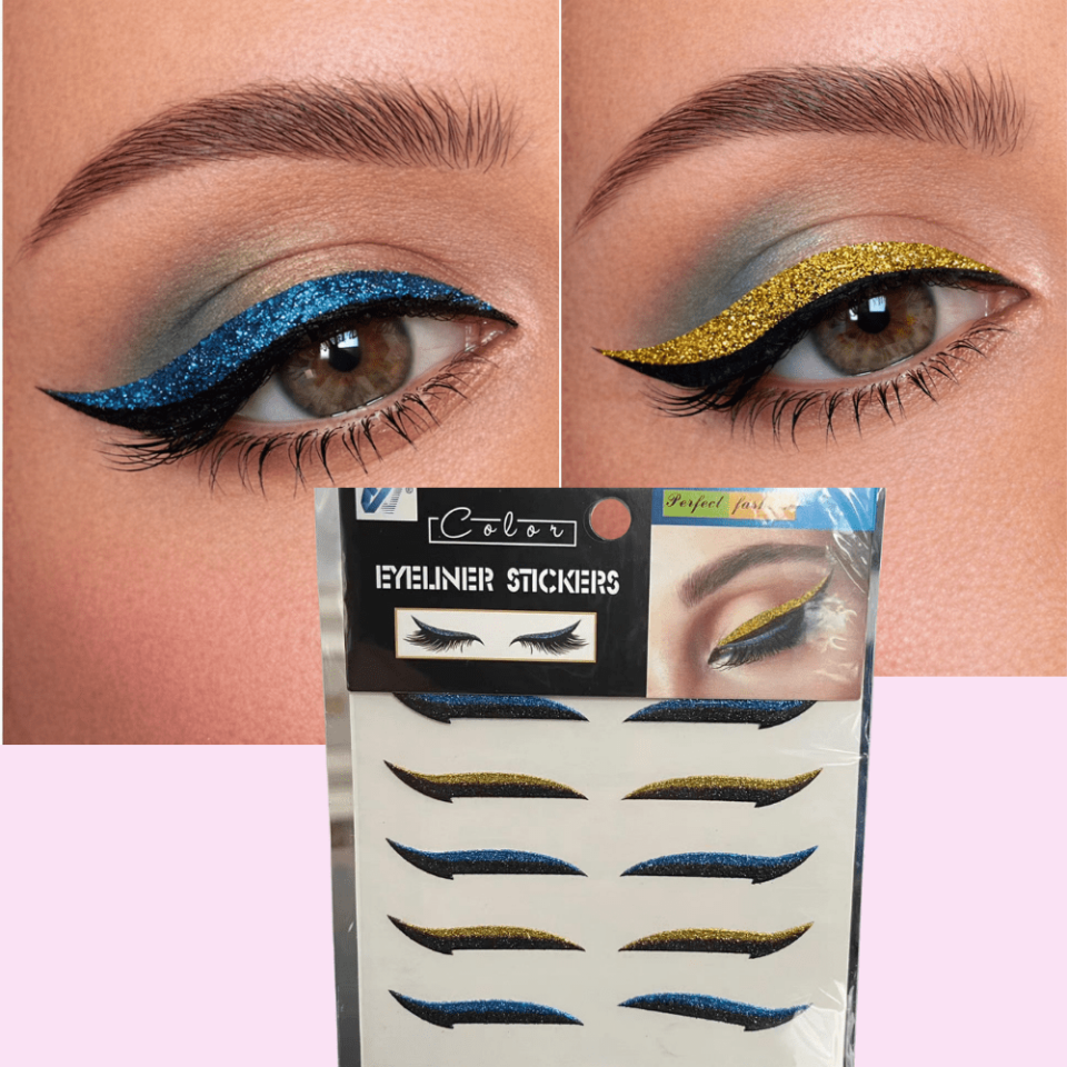 Mavi & Altın Simli Eyeliner Sticker Seti – Hazır Kuyruklu Yapıştırma Eyeliner (Glitter & Kalıcı)