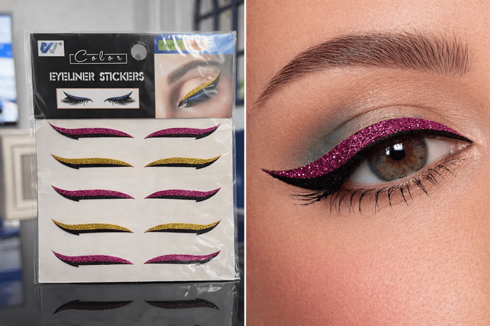 Renkli Simli Eyeliner Sticker Seti – Hazır Kuyruklu Yapıştırma Eyeliner (Pembe & Altın Glitter)