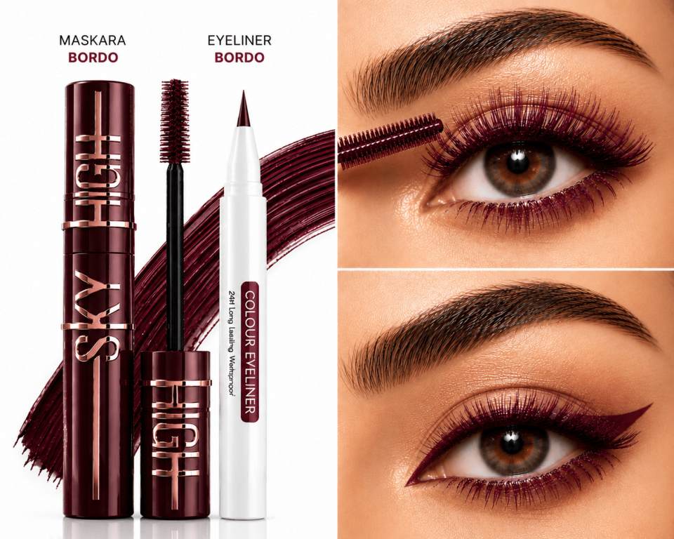 Bordo Maskara & Bordo Eyeliner Seti – Yoğun Renkli Waterproof Göz Makyajı Seti