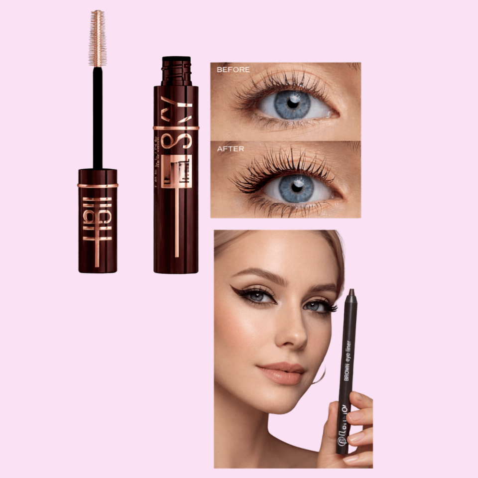 Kahverengi 2’li Profesyonel Göz Makyaj Seti – Yoğun Hacimli Maskara + Waterproof Eyeliner (Uzun, Belirgin Kirpikler)
