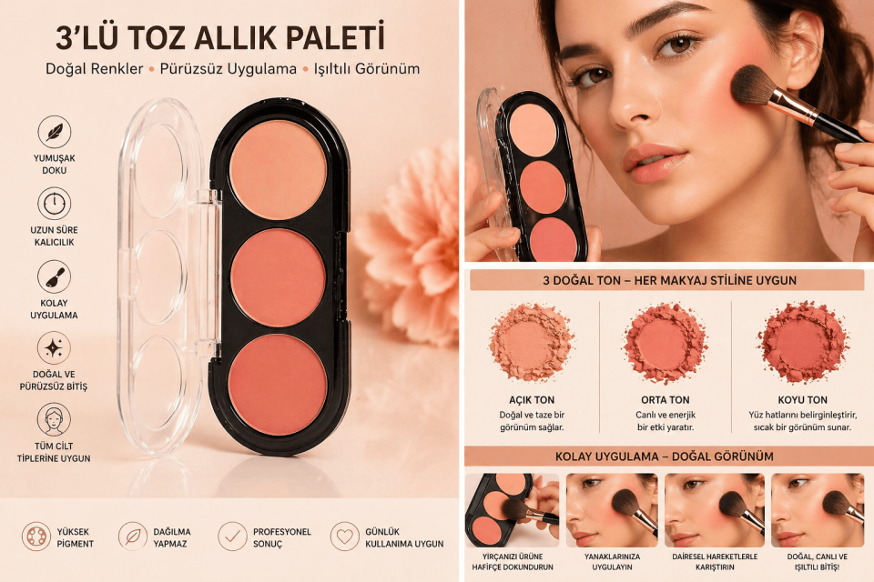 3’lü Toz Allık Paleti – Doğal Tonlar, Yüksek Pigment, Allık Seti