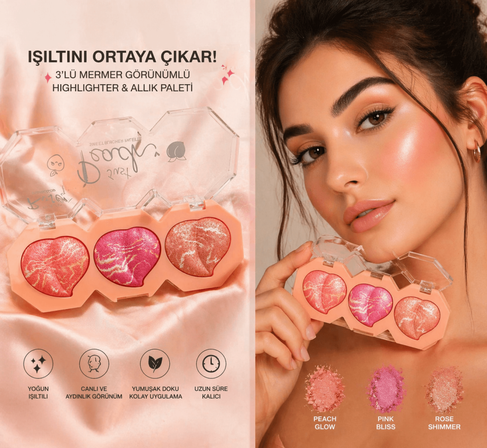 3’lü Kalp Form Allık & Aydınlatıcı Paleti – Işıltılı Blush & Highlighter Set