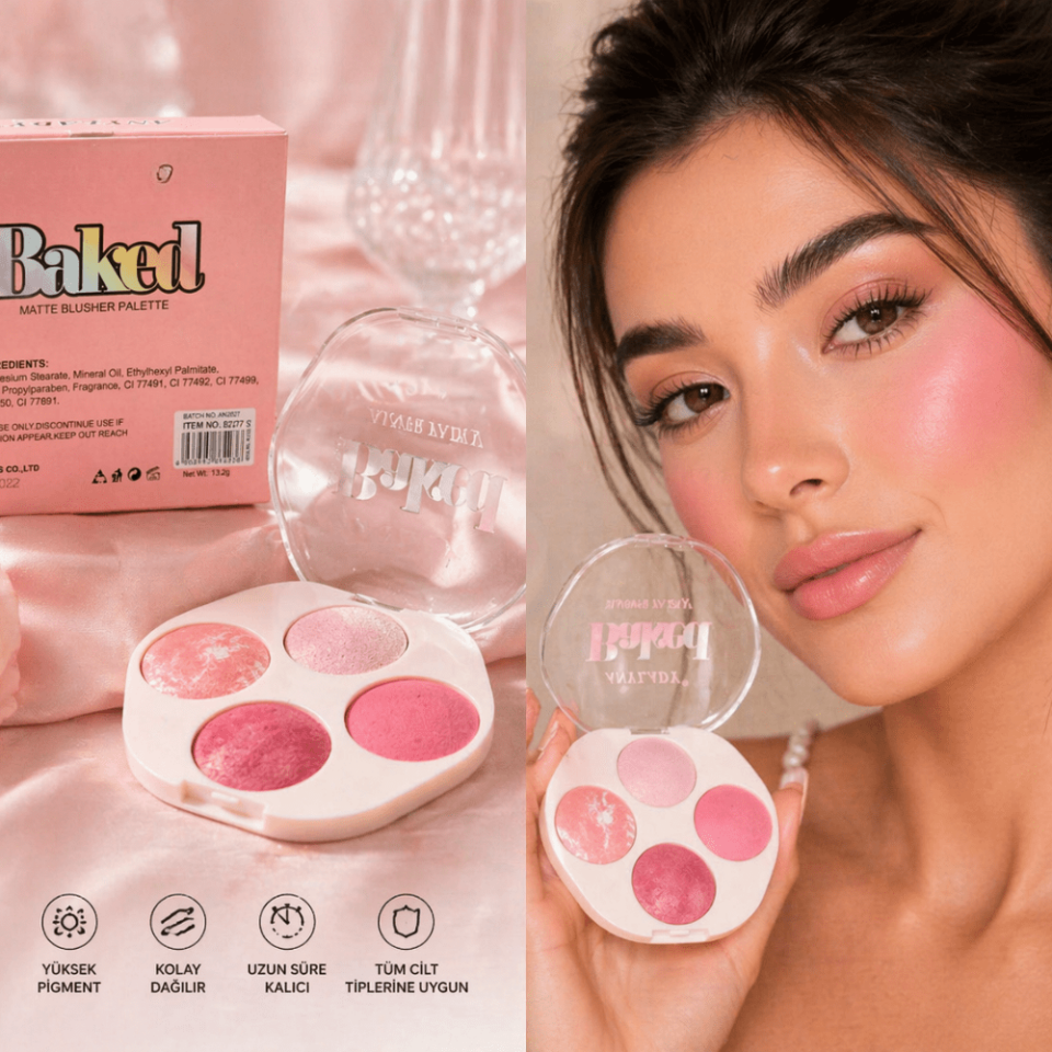 4’lü Mat & Işıltılı Allık Paleti – Yüksek Pigmentli Çok Renkli Blush Set