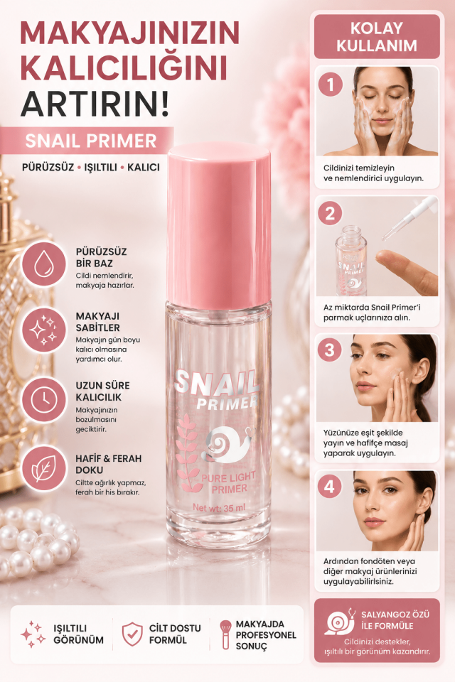 Snail Primer Makyaj Bazı 35 ML Nemlendirici Işıltılı Gözenek Gizleyici Primer