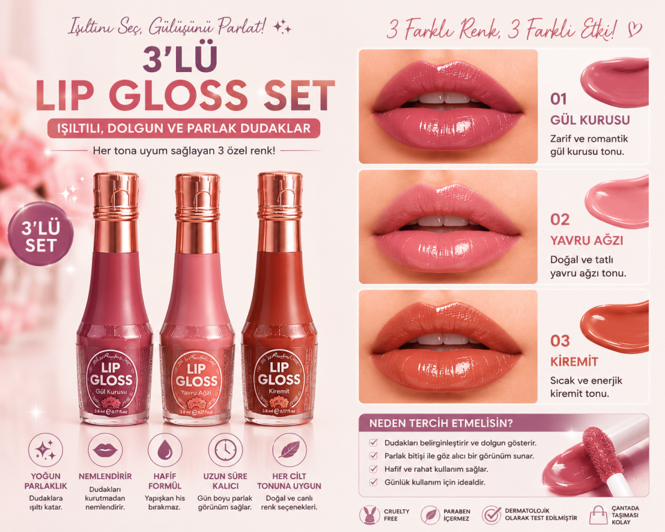 3’lü Lip Gloss Set Gül Kurusu Yavru Ağzı Kiremit Dudak Parlatıcısı Nemlendirici Gloss Seti