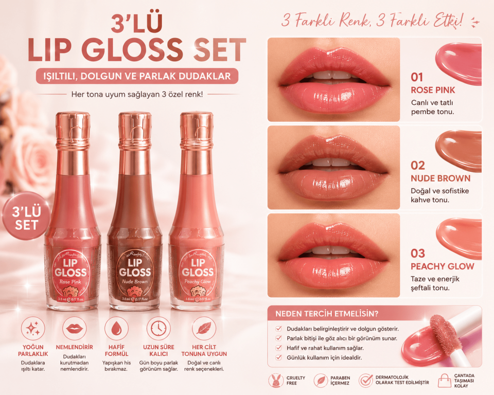 3’lü Lip Gloss Set Nude Pembe Kahve Şeftali Dudak Parlatıcısı Nemlendirici Gloss Seti