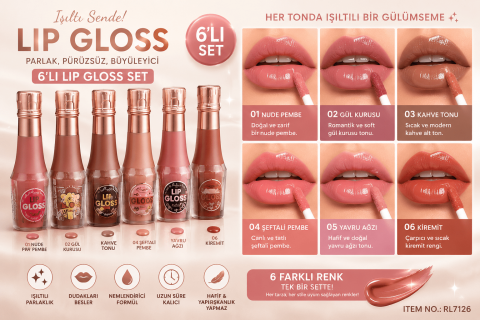 6’lı Lip Gloss Set Dudak Parlatıcısı Nemlendirici Kalıcı Nude Renkli Dudak Parlatıcı Seti