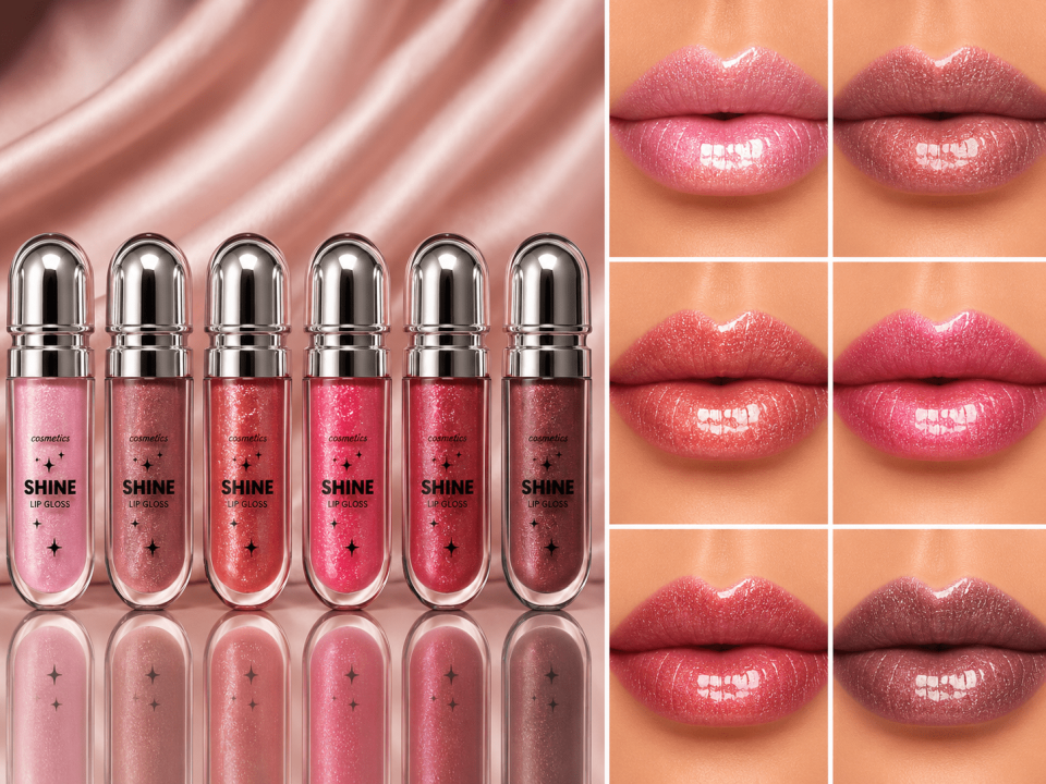 6’lı Simli Lip Gloss Seti – Nude Pink, Brown Nude, Coral Shine, Hot Pink, Cherry Glow & Rose Mauve