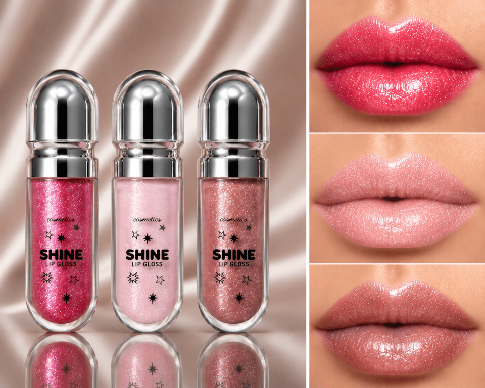 3’lü Simli Lip Gloss Seti – Sparkling Pink, Baby Powder Pink & Brown Nude Glow