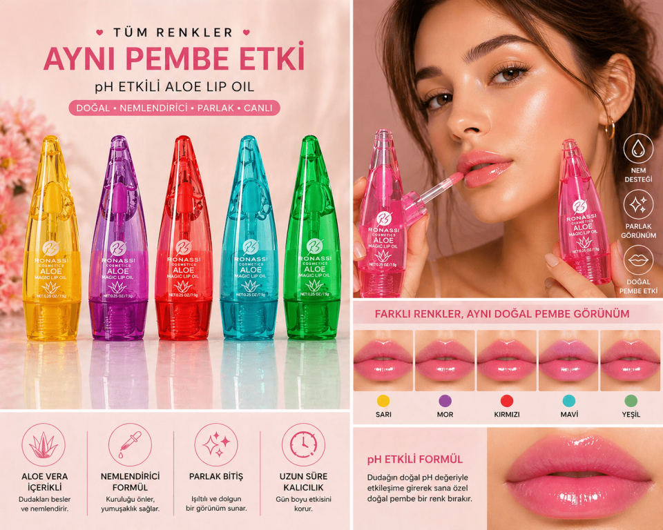 pH Etkili Aloe Vera Lip Oil – Renk Değiştiren Nemlendirici Parlak Dudak Yağı (Doğal Pembe Etki)