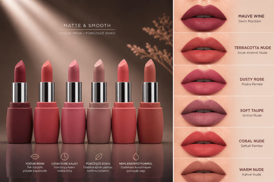 6’lı Ultra Matte Nude Ruj Seti – Mauve Wine, Terracotta Nude, Dusty Rose, Soft Taupe, Coral Nude & Warm Nude Kalıcı Dudak Ruj Paketi