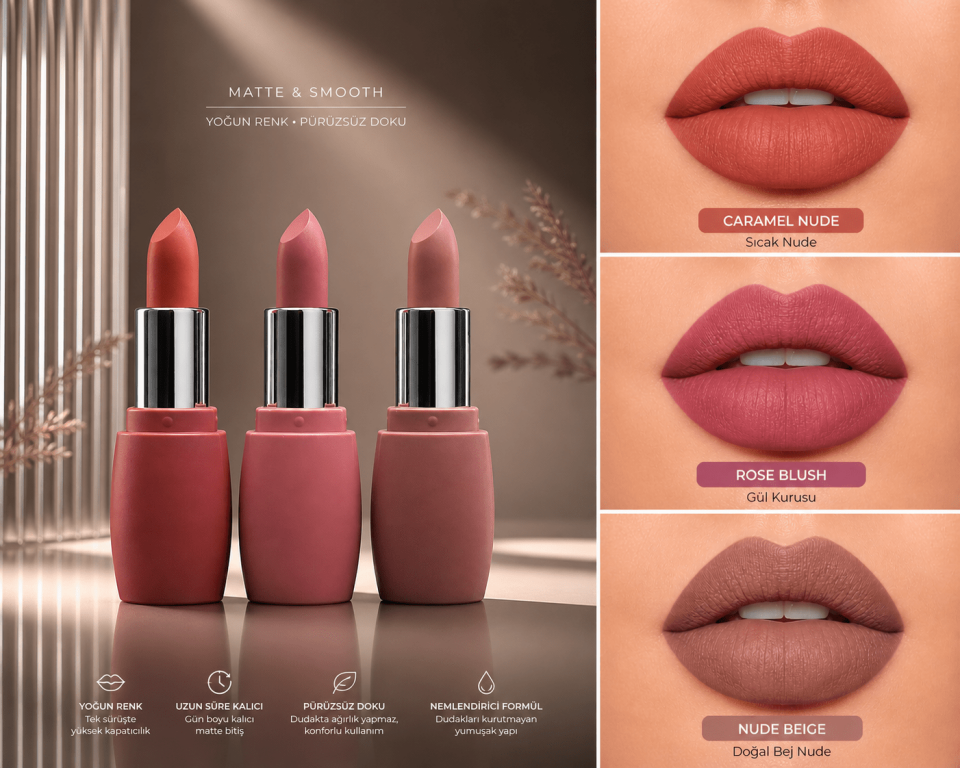 3’lü Ultra Matte Nude Ruj Seti – Caramel Nude, Rose Blush & Nude Beige Yoğun Pigmentli Kalıcı Dudak Ruj Paketi