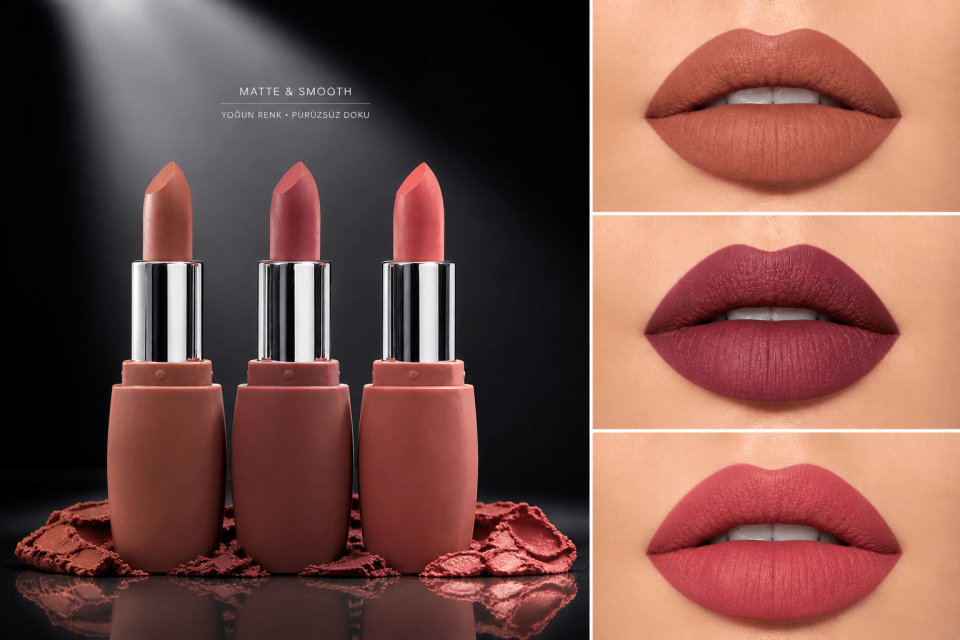 3’lü Ultra Matte Nude Ruj Seti – Caramel Nude, Rose Blush & Berry Mauve Kalıcı Dudak Ruj Paketi