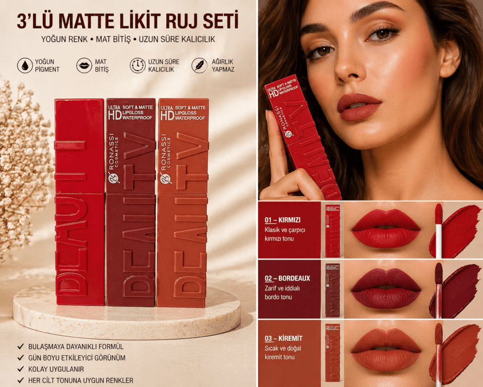 3’lü Mat Likit Ruj Seti – Kırmızı, Bordo, Kiremit Tonları (Uzun Süre Kalıcı, Yoğun Pigment, Waterproof)