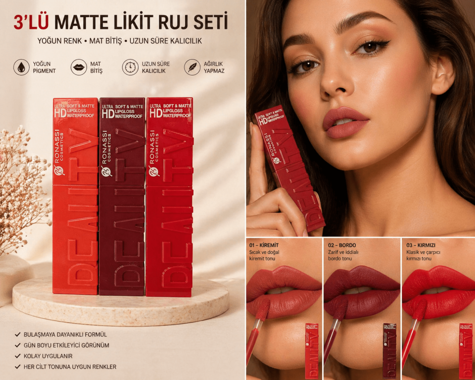 3’lü Mat Likit Ruj Seti – Uzun Süre Kalıcı, Yoğun Pigment, Waterproof HD Lip Gloss Set