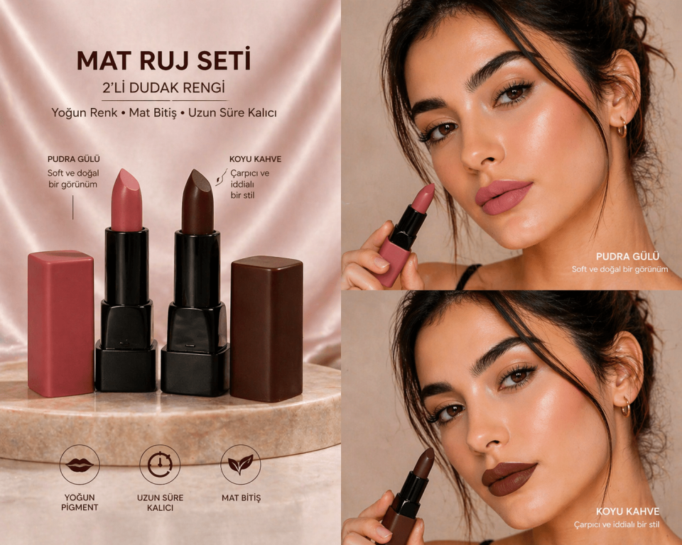 2’li Mat Ruj Seti – Pudra Gülü & Koyu Kahve Uzun Süre Kalıcı Dudak Renkleri