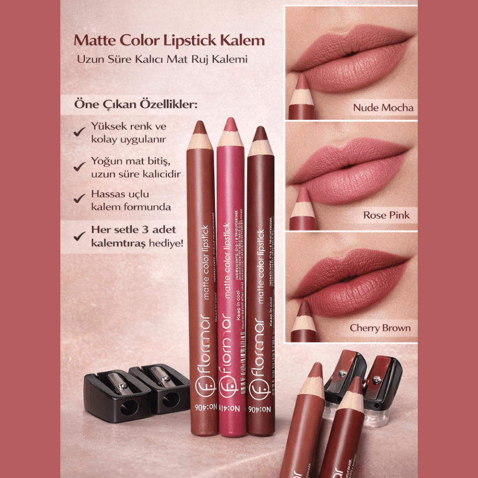 3’lü Mat Ruj Kalemi Seti – Uzun Süre Kalıcı Jumbo Lipstick & Kalemtıraş Hediyeli