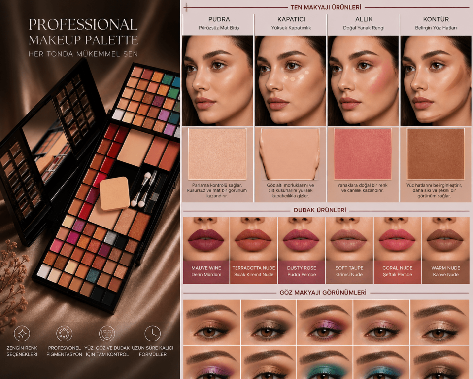 Profesyonel Çok Fonksiyonlu Makyaj Paleti – Göz Farı, Allık, Ruj, Aydınlatıcı, Pudra & Kontür Seti (Hepsi Bir Arada Makeup Kit)