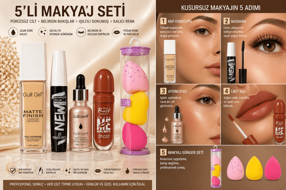 5’li Profesyonel Makyaj Seti – Mat Fondöten, Maskara, Aydınlatıcı, Likit Ruj & Makyaj Süngeri Seti