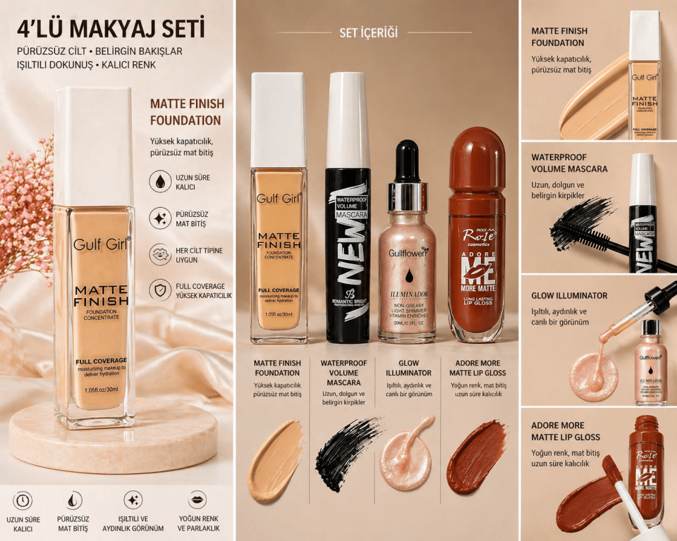 4’lü Makyaj Seti – Mat Fondöten, Maskara, Aydınlatıcı ve Likit Ruj (Tam Kapatıcı & Uzun Süre Kalıcı Profesyonel Set)