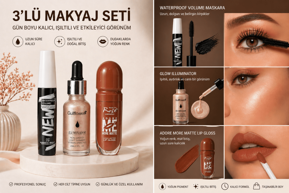 3’lü Makyaj Seti – Maskara, Aydınlatıcı (Illuminator) ve Likit Ruj (Kalıcı, Işıltılı & Yoğun Pigment)