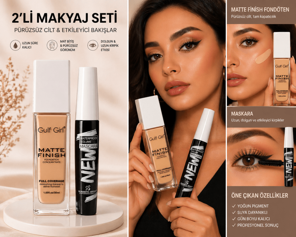 2’li Makyaj Seti – Mat Fondöten & Maskara (Tam Kapatıcı, Uzun Süre Kalıcı, Pürüzsüz Cilt Görünümü)
