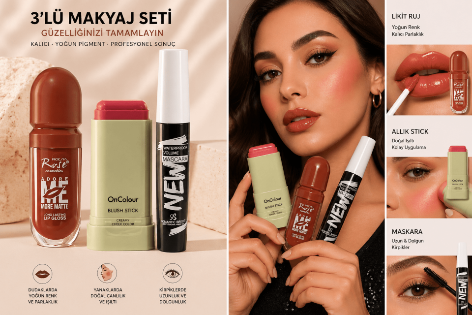 3’lü Makyaj Seti – Likit Ruj, Allık Stick ve Maskara (Kalıcı, Yoğun Pigment, Doğal Görünüm)
