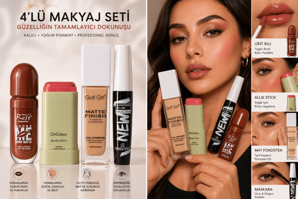 4’lü Makyaj Seti – Mat Fondöten, Maskara, Likit Ruj ve Allık Stick (Tam Kapatıcı & Kalıcı Profesyonel Set)