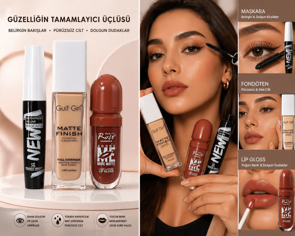 3’lü Makyaj Seti – Maskara + Mat Fondöten + Likit Ruj (Tam Kapatıcı, Uzun Süre Kalıcı, Profesyonel Görünüm)