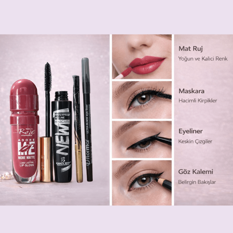 4’lü Profesyonel Makyaj Seti – Mat Ruj, Hacim Veren Maskara, Siyah Eyeliner ve Göz Kalemi Seti